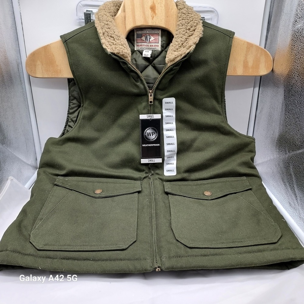 Weatherproof Heritage Brand Mens Canvas Vest Olive Green Faux Fur Collar Small